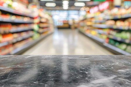Empty marble table top and blurred supermarket background, product display montageの素材