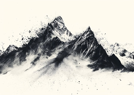 black and white abstract painting of Himalayan mountain peak on white backgroundの素材