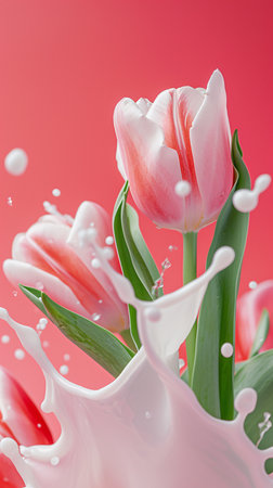 pink tulips in milk splash on red background with copy spaceの素材