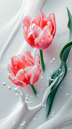 pink tulips on a white background with splashes of milkの素材