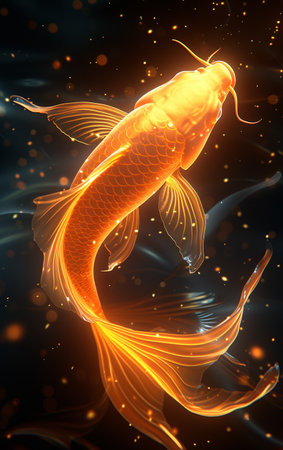 Gold fish on a dark background. 3d rendering, 3d illustration.の素材
