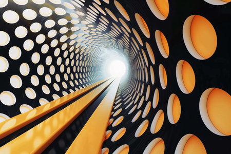 3d render of abstract tunnel with light shining through the hole.の素材