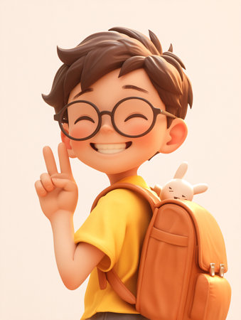 3d illustration of cute boy with glasses and backpack showing peace signの素材