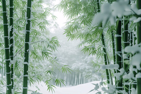 Bamboo forest in winter with snow and fresh green leaves background.の素材