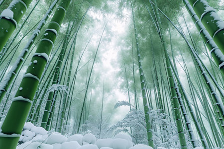 bamboo forest in winter with snow and foggy background, Japan.の素材