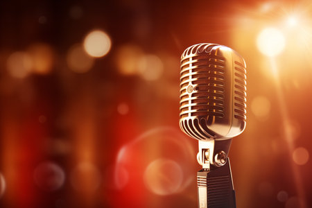 Retro microphone on stage with bokeh background. 3d renderingの素材