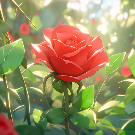 Beautiful red rose in the garden on a sunny day. 3d renderingの素材