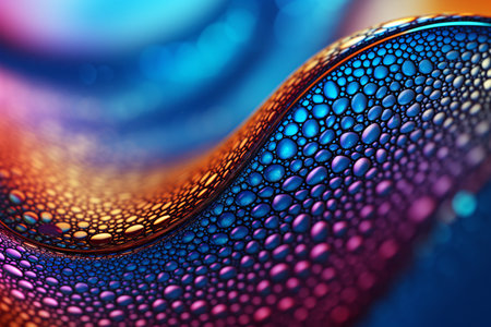 Close-up of water droplets on colorful background. 3D renderingの素材