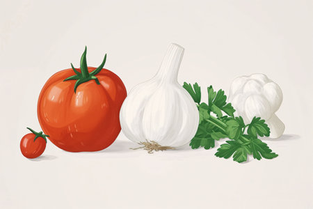 Illustration of tomatoes, garlic and parsley on a white backgroundの素材