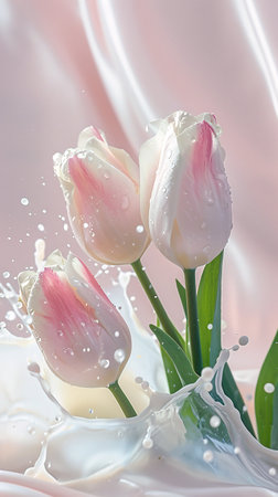 Tulip flowers in milk splash with water drops on pink backgroundの素材