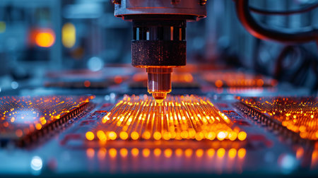 The CNC milling machine cutting the metal part with the sparking light. The hi-technology manufacturing process.の素材