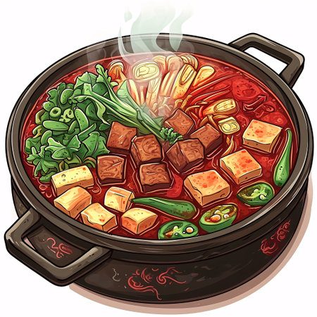 Illustration of a pot of hot soup with tofu and vegetables.の素材