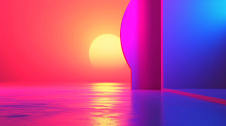 3D rendering of an open door leading to the sea at sunsetの素材