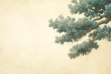 Pine tree on old paper background with copy space. 3D illustration.の素材