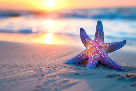 Starfish on the beach at sunset. Travel and vacation concept.の素材