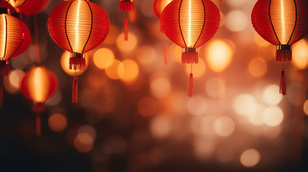 Chinese new year lanterns on bokeh background with copy spaceの素材