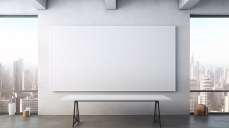 Front view of blank white poster on concrete wall in modern office with city view. Mock up, 3D Renderingの素材