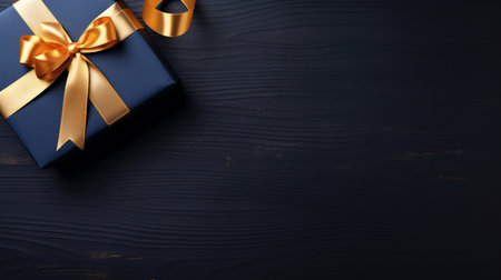 Gift box with gold ribbon on black wooden background. Top view with copy space.の素材