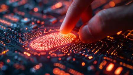 fingerprint scan on computer circuit board. concept of cyber security.の素材
