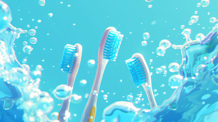 toothbrushes in water on a blue background. close-upの素材
