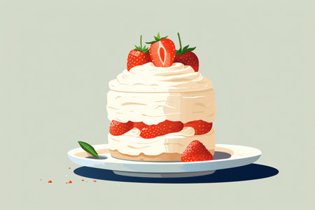 Vector illustration of a cake with cream and strawberries on a plate.の素材