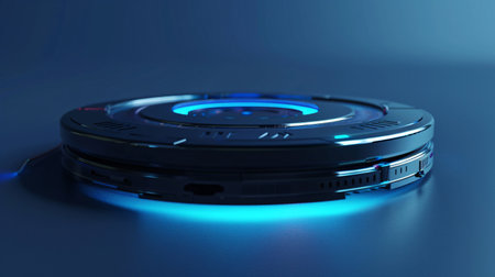 3D rendering of a futuristic robot vacuum cleaner with blue neon lightsの素材