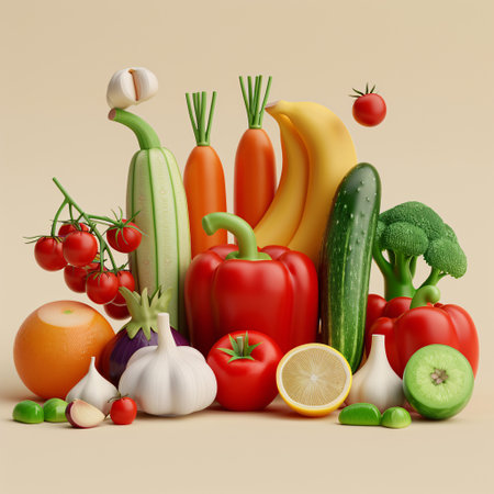 3d illustration of fresh vegetables and fruits on a light background.の素材