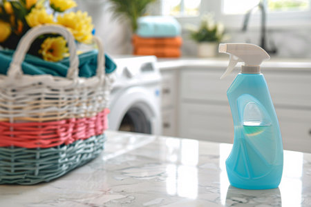 Plastic bottle with detergent on table in kitchen, closeupの素材