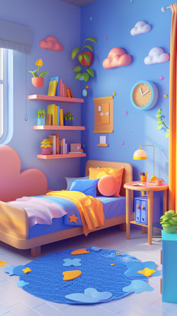 Children's room with blue walls and a blue floor, a large window, a bed with a yellow blanket, a bookcase with books, a table with a lamp, a cup of coffee and a flower in a potの素材