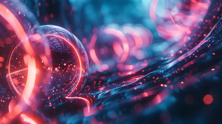 3d illustration of abstract background with neon lights. Glowing particles form tunnel.の素材