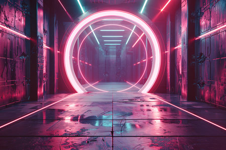 3D rendering, 3D illustration, Futuristic corridor with neon lights.の素材