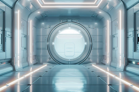 Futuristic spaceship interior with glowing lights. 3d rendering mock upの素材