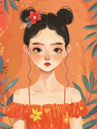Beautiful girl with flowers in her hair on an orange background.の素材