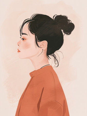 Portrait of a young beautiful girl in an orange sweater. Fashion illustration.の素材