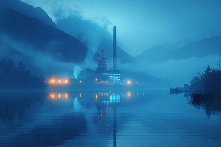 factory on the bank of the lake in a foggy dayの素材