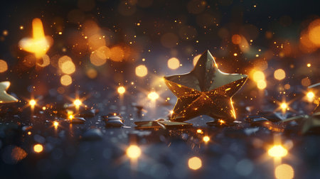 Christmas background with golden stars and bokeh lights. 3d renderingの素材