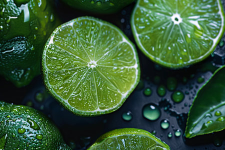 Fresh lime slices with water drops on black background. Close up.の素材