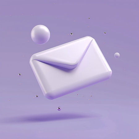 3d rendering of a white envelope floating on a purple background.の素材