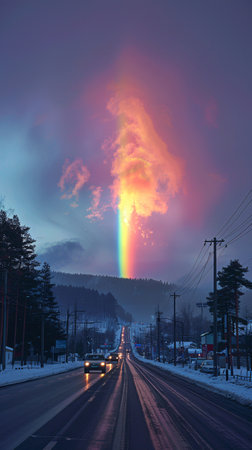 Rainbow over the road in the mountains during a snowfall.の素材