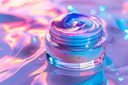 Cosmetic branding, moisturizing and anti-age concept - Face cream moisturizer jar on purple water background, moisturizing lotion and lifting emulsion, anti-age cosmetics for luxury beauty skincare brandの素材