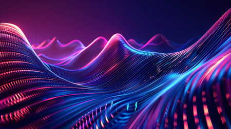 3d rendering of abstract wavy surface with glowing particles. Futuristic background with dynamic waves.の素材