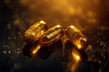 Capsules of fish oil, omega 3 and vitamin D on black background.の素材