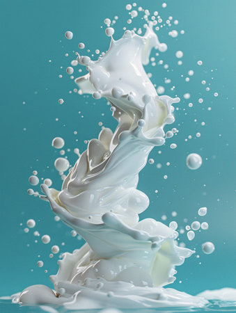 Splash of milk on a blue background. 3d rendering, 3d illustration.の素材