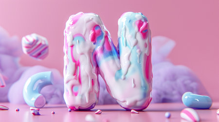 Alphabet letter N uppercase. Pink and blue font made of icing sugar glaze. 3D renderingの素材