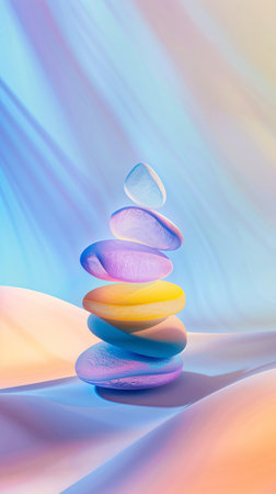 Stack of colorful zen stones on blue and pink background. 3D renderingの素材