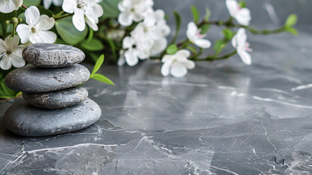 Spa stones and white flowersle background. Zen concept.の素材
