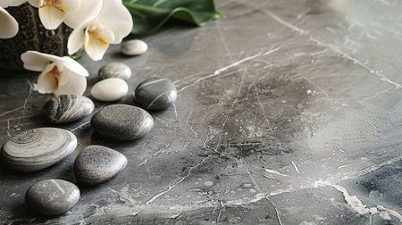 Spa stones and orchid flowers on grey marble table, space for textの素材