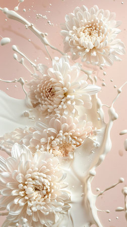 white chrysanthemum in milk splash on a pink backgroundの素材