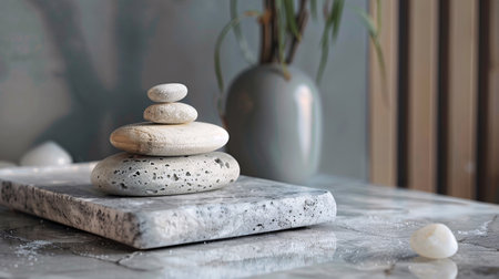 Stack of zen stones on grey marble table with plant in vaseの素材