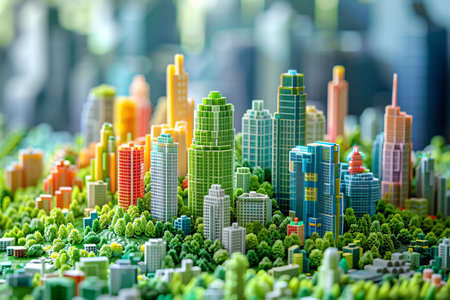 3D illustration of a futuristic city with skyscrapers and streetsの素材